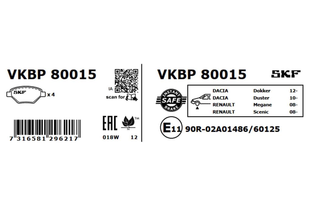 Jogo de 4 pastilhas de travão SKF ref. VKBP 80015
